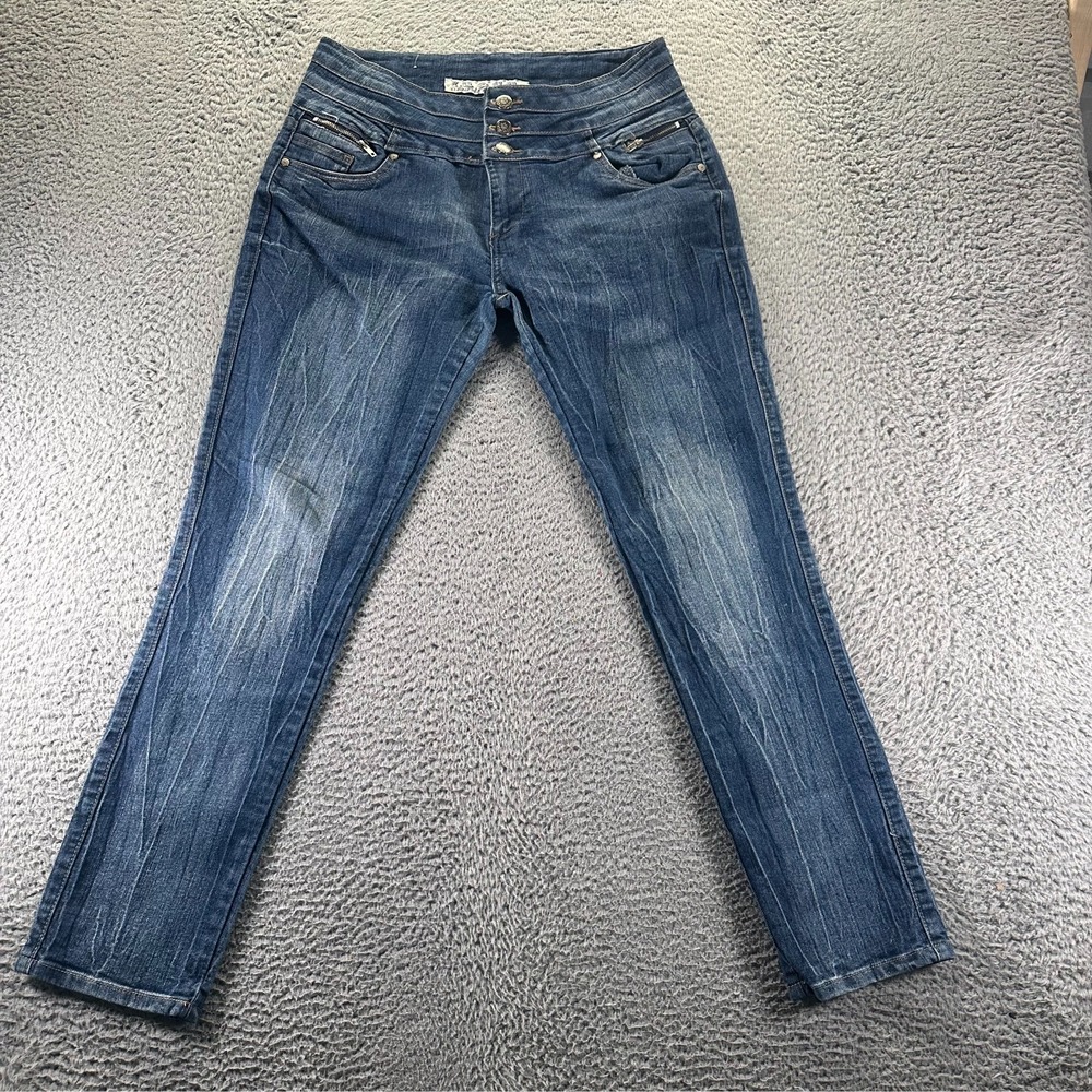 IQ&CO Jeans Women 12 Blue Cotton Denim Tapered Leg Faded Western Cowgirl Stretch